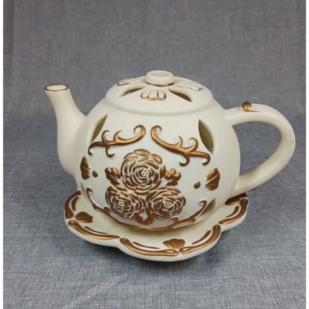 PartyLite Bisque Ivory Gold Trim Teapot Saucer Tea Light Rose Peony Votive P7301